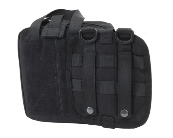 Black tactical pouch with molle attachment system on a white background.