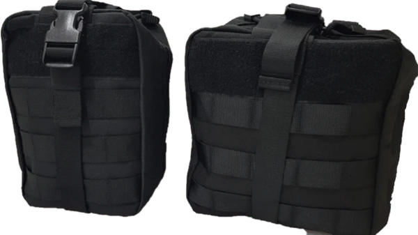 Two black Molle Shop Individual First Aid Kit Pouches with molle straps, suitable for a First Aid Kit, on a white background.