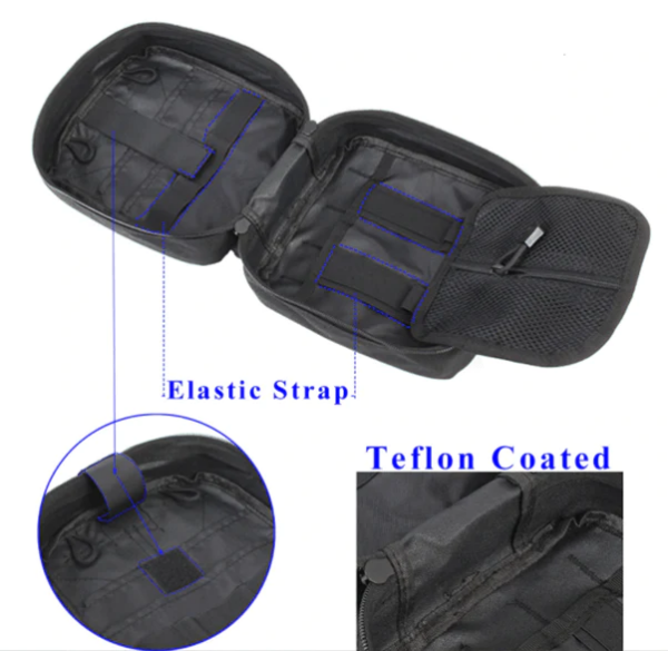 Black motorcycle saddlebags with elastic straps, a Teflon coating highlighted, and a Molle Shop Individual First Aid Kit Pouch.