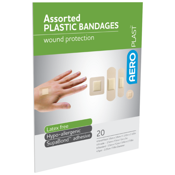 A box of assorted AEROPLAST Plastic Dressings for wound protection, highlighting latex-free and hypoallergenic features.